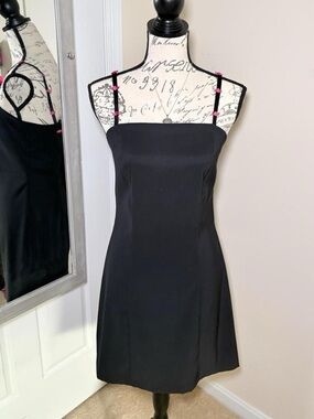 Vintage 90s Byer Too! Black Mini Dress with Spaghetti Strap Rose Details